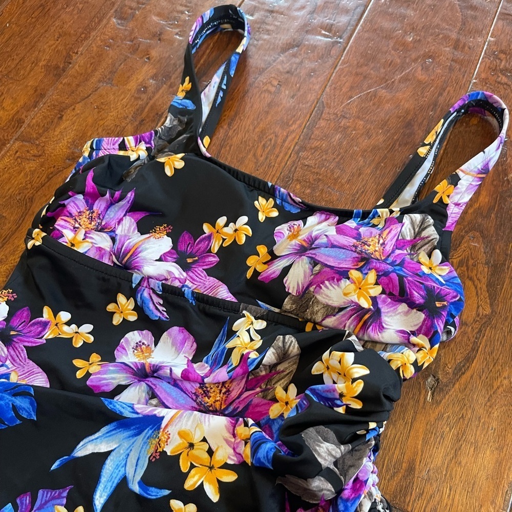 Rose Marie Reid Black & Colorful Floral Print Swimdress with Tummy Control - Picture 3 of 8